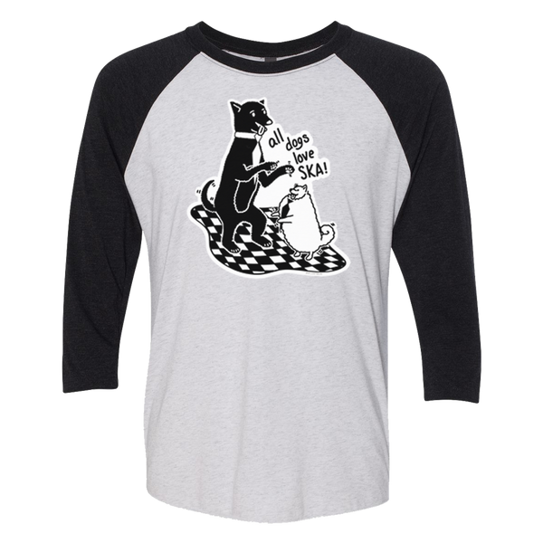 3/4 sleeve tee with black sleeves and heather white body with black & white drawing of a big black dog and small white fluffy dog dancing on a checkered floor. Text reads "all dogs love ska!"