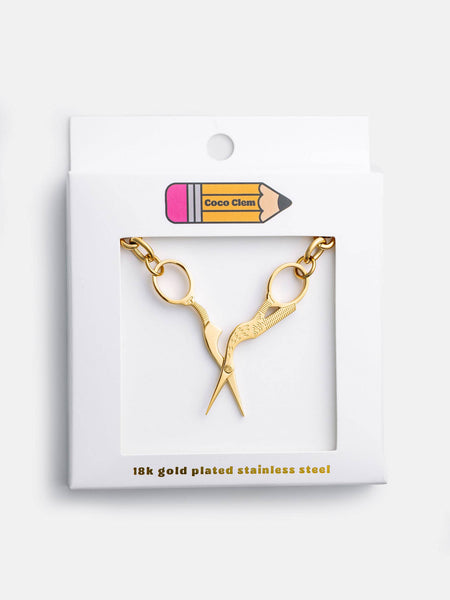 Gold Stork Embroidery Scissor Necklace